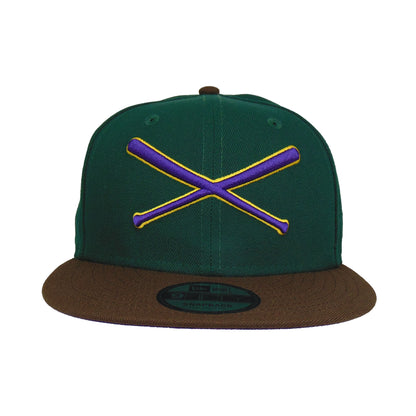 JustFitteds Crossed Bats Logo New Era 9FIFTY DK Green Brown dark green
brown
dark purple Front View