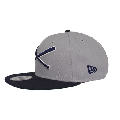 JustFitteds Crossed Bats Logo New Era 9FIFTY Gray Navy grey
navy Side View