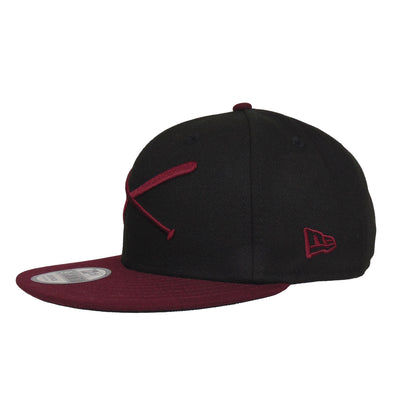 JustFitteds Crossed Bats Logo New Era 9FIFTY Black Maroon black 
maroon Side View