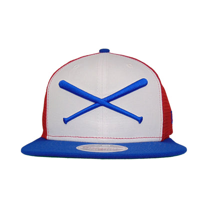 JustFitteds Crossed Bats New Era 9FIFTY Trucker Cap RWB red
white
blue Front View