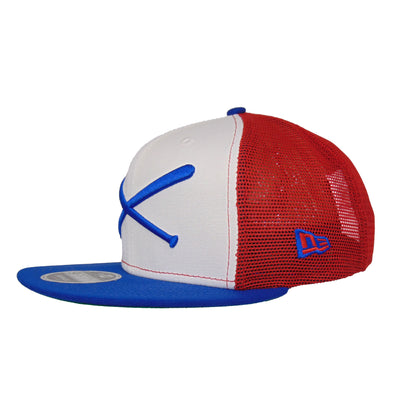 JustFitteds Crossed Bats New Era 9FIFTY Trucker Cap RWB red
white
blue Side View