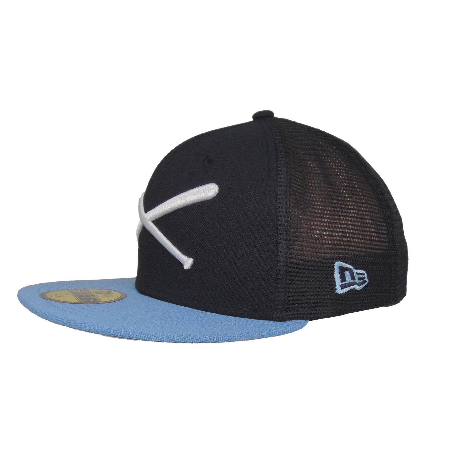 JustFitteds Crossed Bats Logo New Era 59FIFTY Trucker Navy Sky