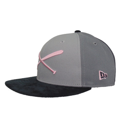 JustFitteds Crossed Bats Logo New Era 59FIFTY Cap AM95 Pink grey Side View