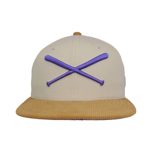 JustFitteds Crossed Bats Logo New Era 59FIFTY Cap Stone Wheat stone
wheat
purple Front View