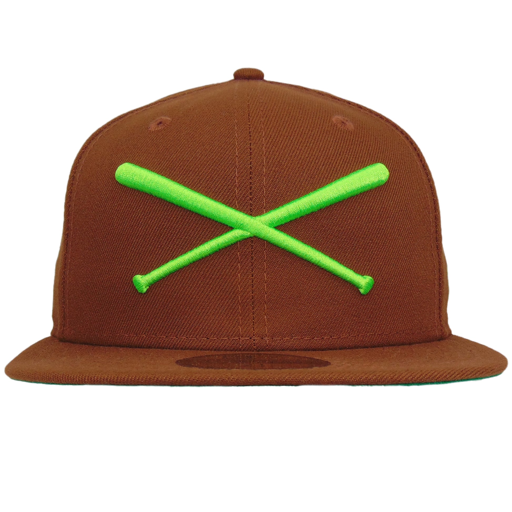 JustFitteds Crossed Bats Logo New Era 59FIFTY Cap Brown Action Green