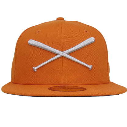 JustFitteds Crossed Bats Logo New Era 59FIFTY Cap Orange Metallic Silver