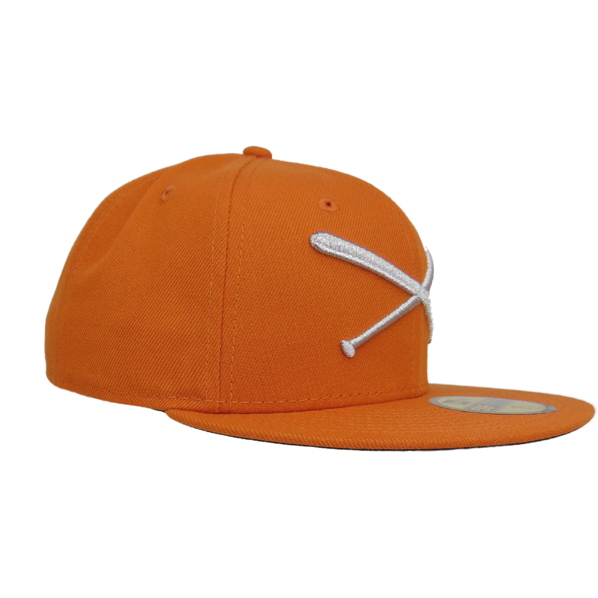 JustFitteds Crossed Bats Logo New Era 59FIFTY Cap Orange Metallic Silver