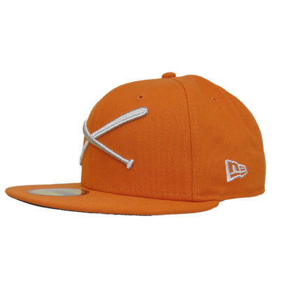 JustFitteds Crossed Bats Logo New Era 59FIFTY Cap Orange Metallic Silver
