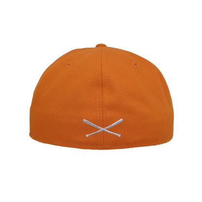 JustFitteds Crossed Bats Logo New Era 59FIFTY Cap Orange Metallic Silver