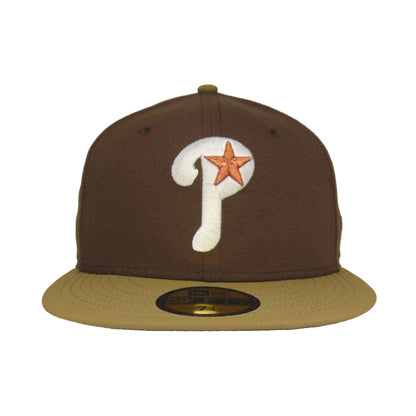 Philadelphia Phillies Custom 59FIFTY New Era Cap Walnut brown
khaki Front View