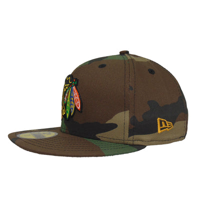 Chicago Blackhawks Custom New Era 59FIFTY Cap Woodland Camo Woodland Camo Side View