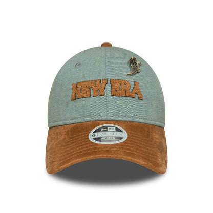 Womens 9TWENTY Adjustable New Era Cap Western Denim light blue
brown Front View