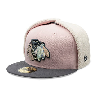 Chicago Blackhawks Patches Dog Ear New Era 59FIFTY Cap pink pink Back View