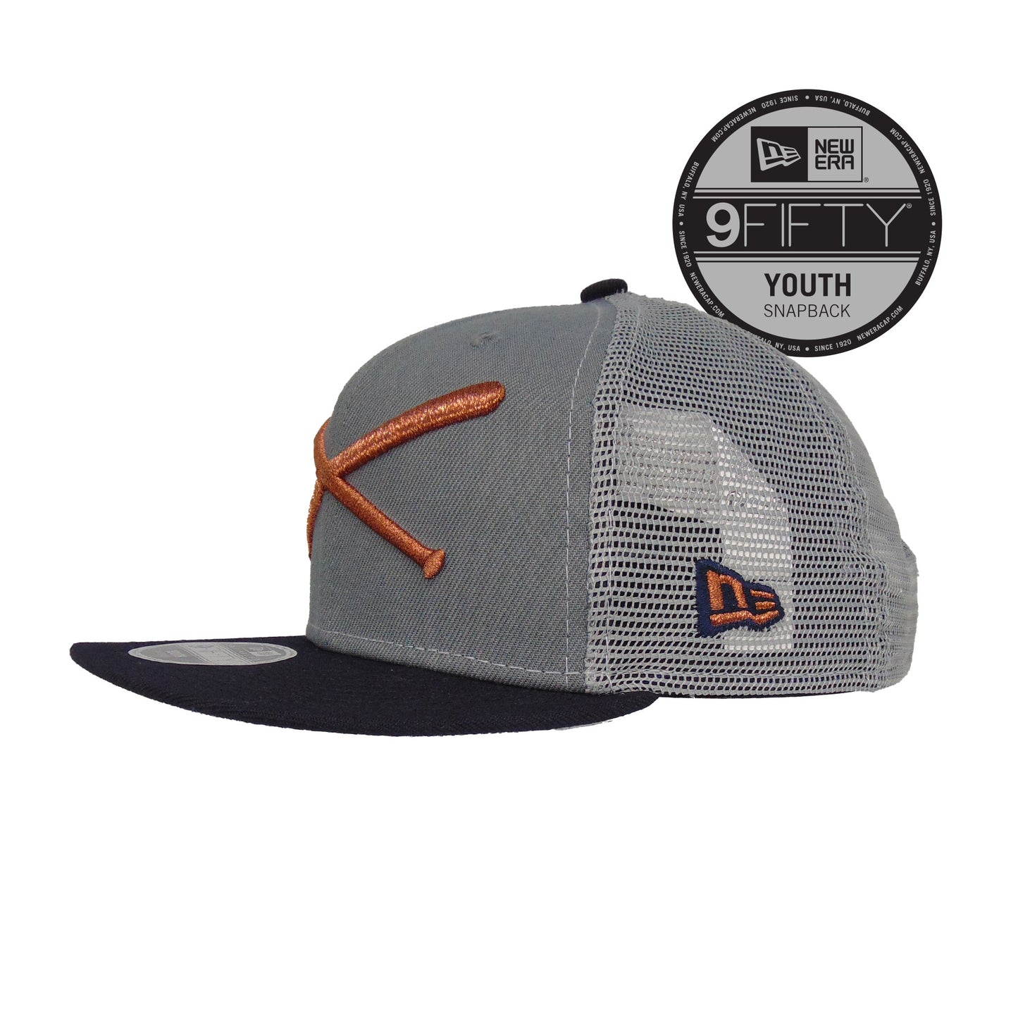 YOUTH JustFitteds Crossed Bats Logo New Era 9FIFTY Trucker Grey