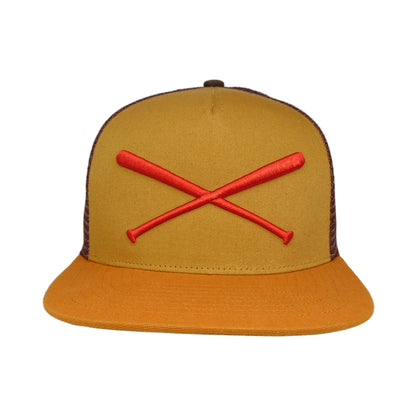 JustFitteds Crossed Bats Logo Trucker Cap Peanut beige
brown
goldenrod Front View