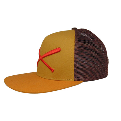 JustFitteds Crossed Bats Logo Trucker Cap Peanut beige
brown
goldenrod Side View