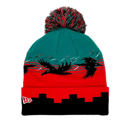 JustFitteds X Hanadis Garage New Era Pom Beanie red
black 
teal Front View
