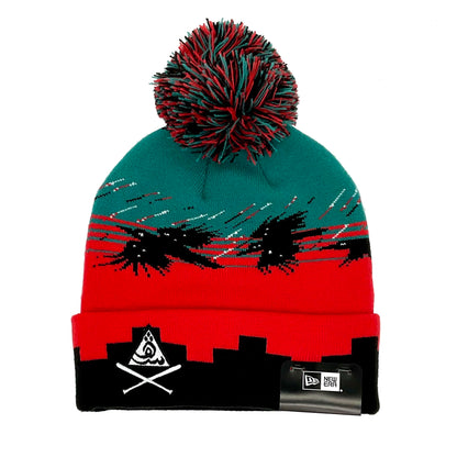 JustFitteds X Hanadis Garage New Era Pom Beanie red
black 
teal Side View
